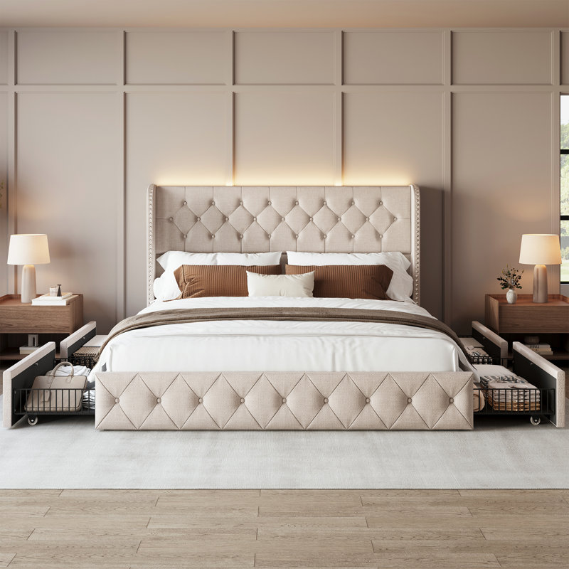 Bed Frame With Storage Drawers And Tufted Headboard Velvet Upholstered Platform, Led Light Wingback, Beige, King