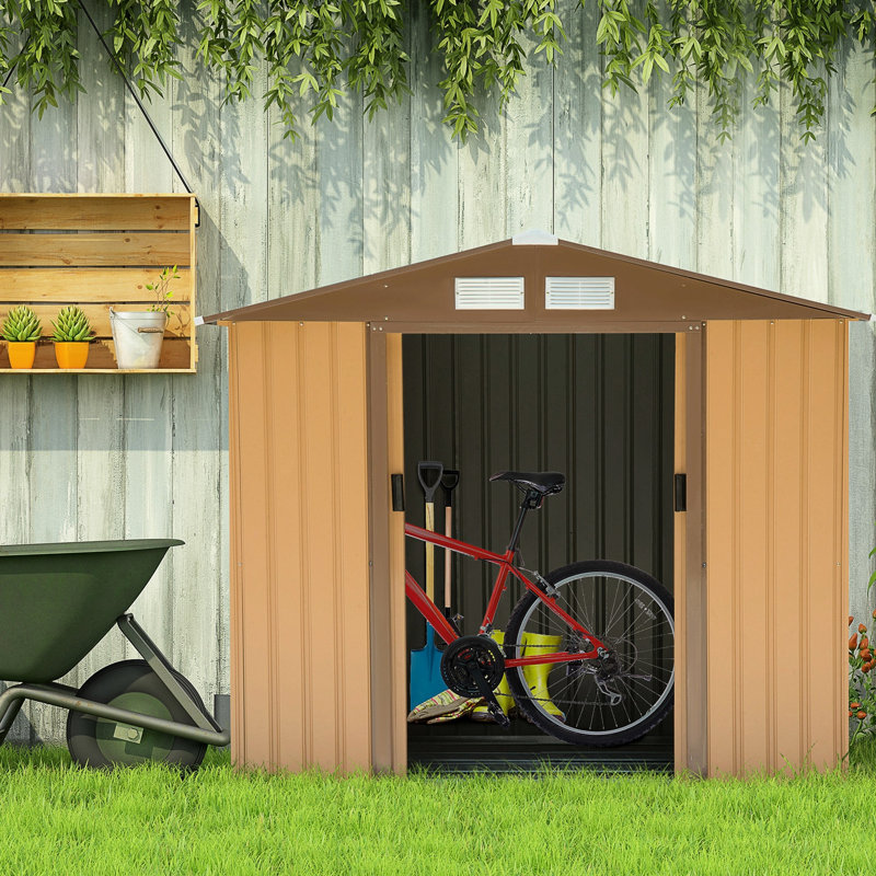 Remise de rangement extérieure 7 pi x 4 pi, acier, 4 évents, 2 portes coulissantes, spacieuse pour les outils de jardin, entretien de la pelouse, fournitures de piscine, unité jaune, 4 pi, garage galvanisé
