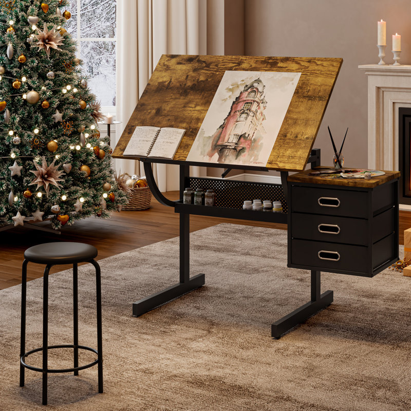 Table à dessin à hauteur réglable avec tabouret, table à dessin avec plateau inclinable de 0 à 70 po, table de travail d'artiste et de peinture au diamant avec tiroirs de rangement pour artistes peintres illustrateurs