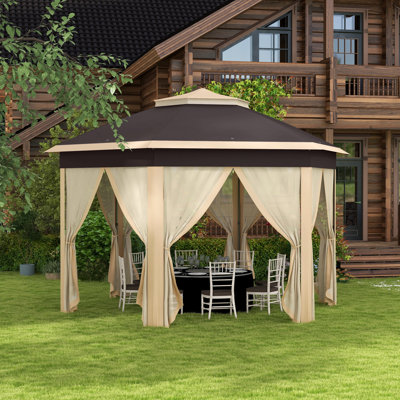 Abri de jardin escamotable de 13 pi x 13 pi Outsunny, abri hexagonal à baldaquin avec filet en filet à 6 fermetures à glissière, tente d'événement avec cadre en acier robuste pour patio, jardin, mariage, fête, beige