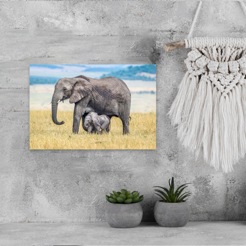 Elephant Mother And Calf Peaceful Contemporary Elephant Nature Wildlife Wall Art Print by Jeffrey C. Sink - 1 Piece Wrapped Canvas Wall Art