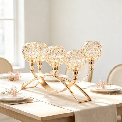 Gold Crystal Tealight Candle Holders Bling Bowl Candelabras Three Arms Candlesticks Holder with Plastic Candles and Gloves Table Centerpiece Decoration for Wedding Party Anniversary
