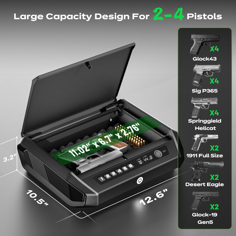 Gun Safe With LCD Display, ≤0.1S Quick Access Handgun Safe For 2-4 Pistols, Hand Gun Lock Box With Fingerprint | Keypad | And Keys For Home Drawer Bedside Nightstand