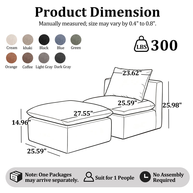 Ensemble fauteuil et repose-pieds compressés, fauteuil moderne à assise profonde avec ressorts ensachés et coussin assorti, orange