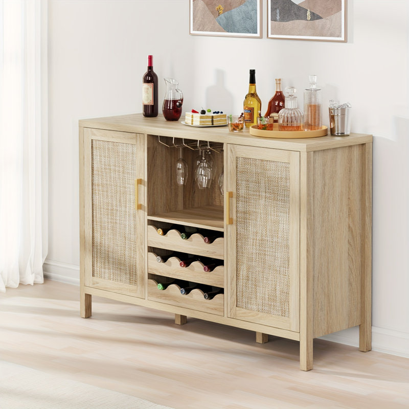 Rattan Wine Bar Cabinet with Glass Holder and Drawer Style Wine Racks, Light Oak