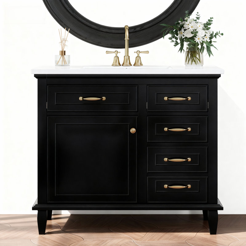Meuble-lavabo autoportant 36 po Vespera Lune, plateau en céramique, armoire en bois massif