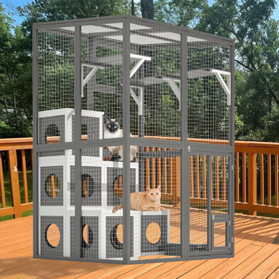 Outdoor Wooden Cat Catio Large Walk-In Playpen With 2 Platforms & 7 Napping Houses, Grey