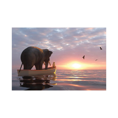 Elephant And Dog Sail In A Boat At Sea by Mike Kiev - Wrapped Canvas Print