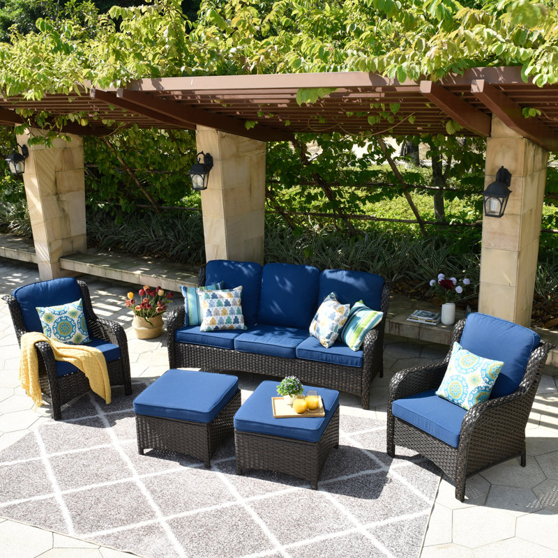 Tommy 5 - Person Patio Conversation Set with Cushions, Navy Blue Cushion/Brown Frame, No