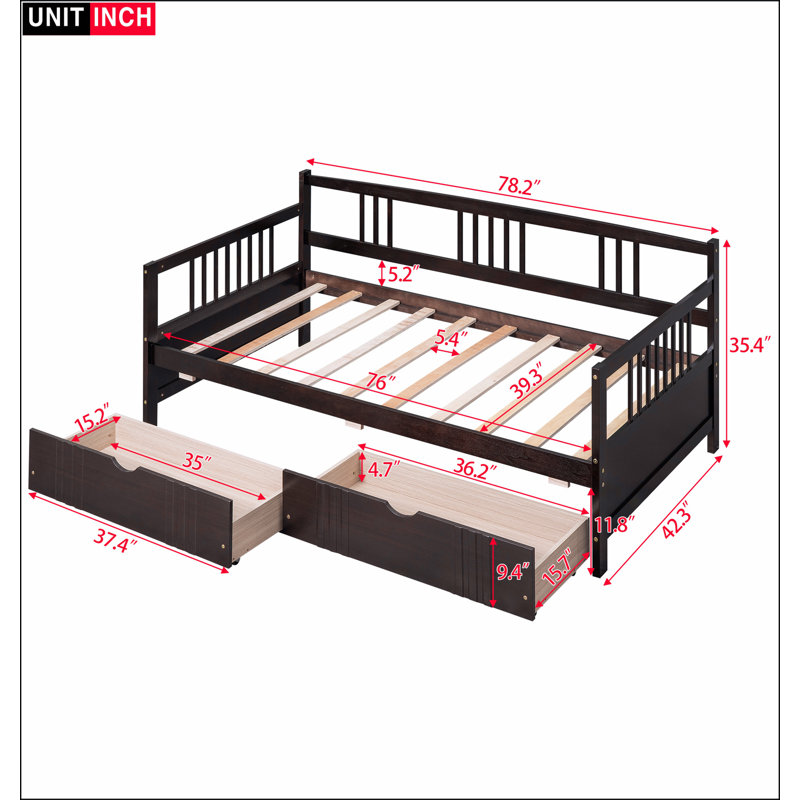 Daybed Wood Bed with Two Drawers, Twin, Espresso