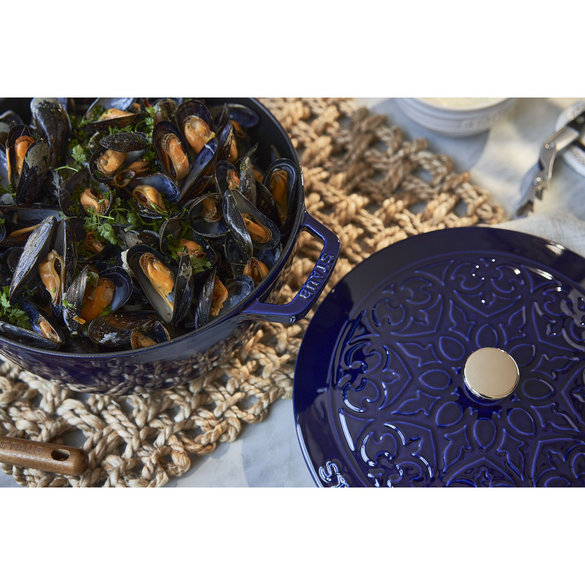 Staub Cast Iron 3.75-qt Essential French Oven with Lilly Lid, Dark Blue