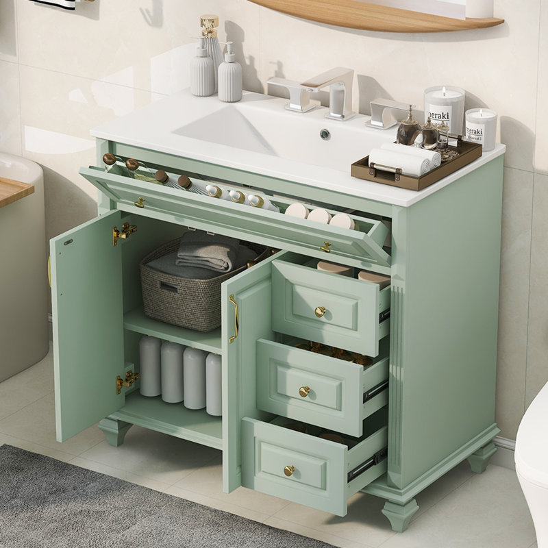 Meuble-lavabo de 36 po avec lavabo, armoire de salle de bain en bois massif avec tiroir rabattable, 3 tiroirs et 2 portes