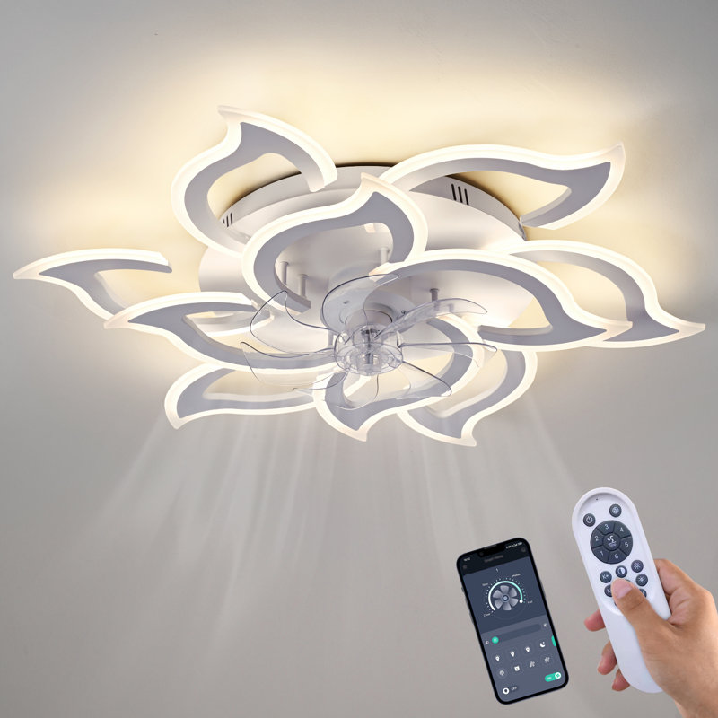 White LED Ceiling Fan Light with Remote & App Control, 6 Speeds, Dimmable, Silent Motor, 3 Colour Modes, Timer Function, Modern Flush Mount for Bedroom/Living Room