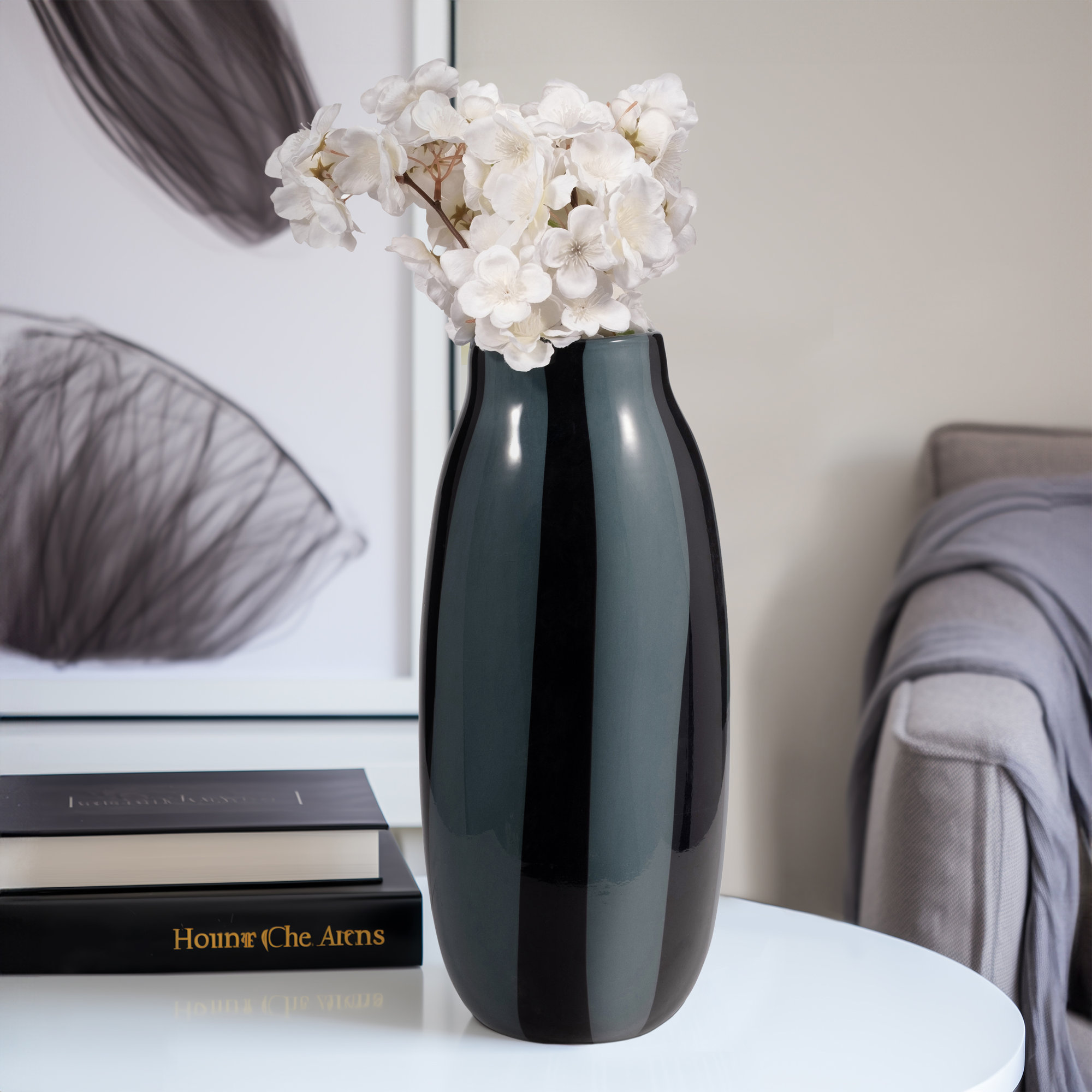 Mele Modern Striped Glass Vase, Black/Gray, 14" H x 7" W x 5" D