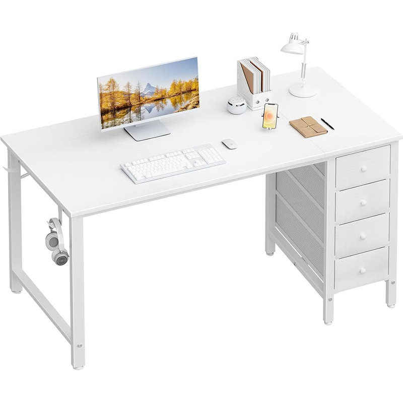 Bureau d'ordinateur blanc avec tiroirs - Bureau d'écriture de 55 pouces pour bureau à domicile, bureau d'ordinateur simple et moderne réversible avec tiroir en tissu, blanc