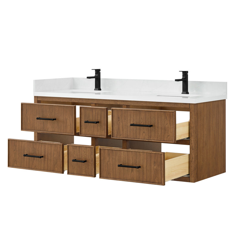 Ensemble de meuble-lavabo mural double 60 po en noyer grillé Isola, comptoir Giotto Quartz, lavabos carrés encastrés (1 trou), garniture noir mat
