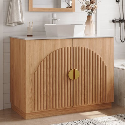 36" Vintage Brown Walnut Bathroom Vanity Base With Stone Countertop, Ceramic Sink, Included Drain & Adjustable Shelf