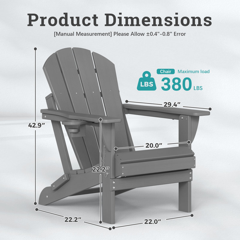 HDPE Outdoor Adirondack Foldable Chair With Cup Holder, Gray