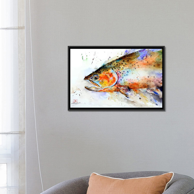 Poisson, reproduction d'art sur toile tendue, H 18 po x l 26 po x P 1,5 po, Toile avec cadre noir, Pas de tapis
