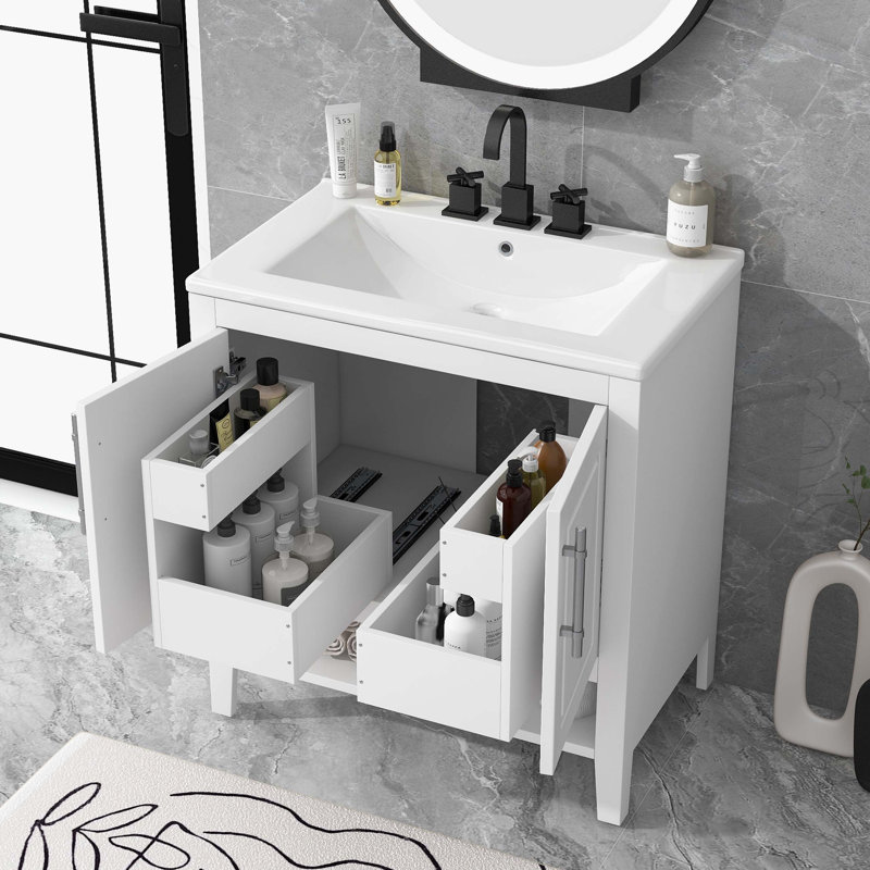 30" White Wood Freestanding Single Sink Bath Vanity with Ceramic Top