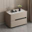Table de chevet minimaliste de style Mid-Century en bois gris avec 2 tiroirs et tablette ouverte