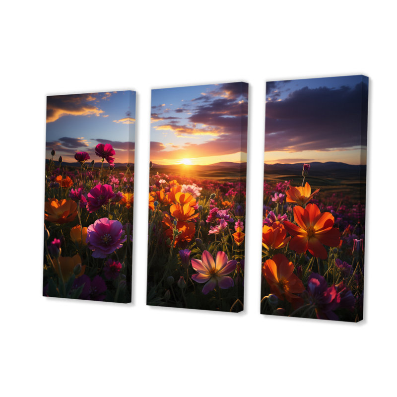 Coucher de soleil sur les champs de fleurs sauvages sur toile, reproduction de 3 pièces, H 32 po x l 48 po x P 1 po