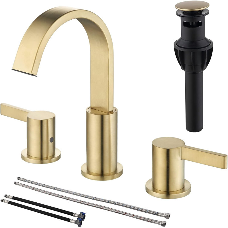 2 Handle 8 Inch Widespread Bathroom Sink Faucet Waterfall 3 Hole with Waste Drain, Brushed Gold