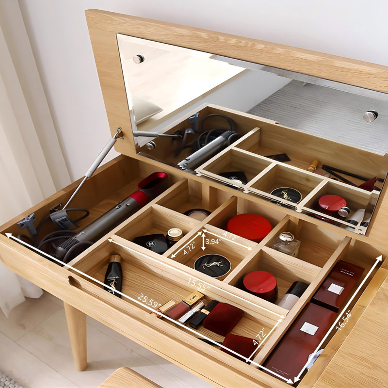 Meuble-lavabo en bois massif couleur chêne naturel avec miroir rabattable