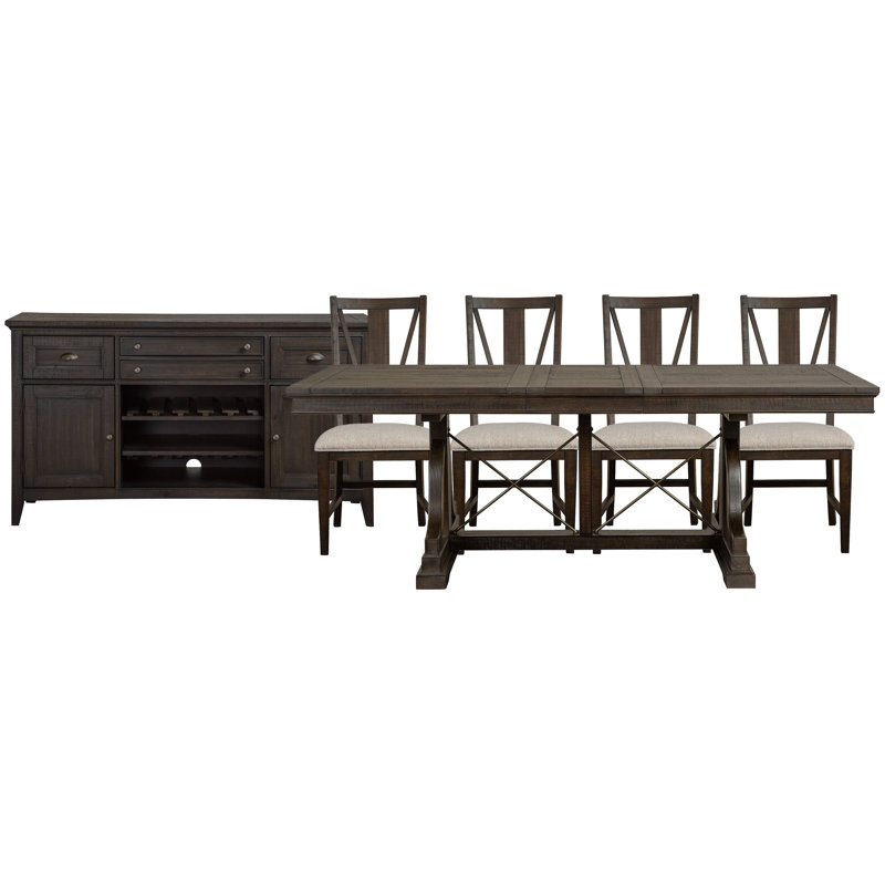 Extendable Trestle Dining Table With 4 Side Chairs And Buffet, 6 Pieces: Table, Buffet, 4 Chairs