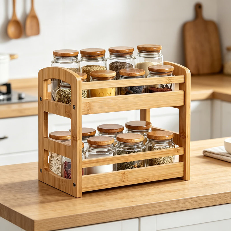 Étagère à épices en bambou à 2 niveaux pour comptoir, support de tablette à épices de cuisine pour garde-manger et armoire