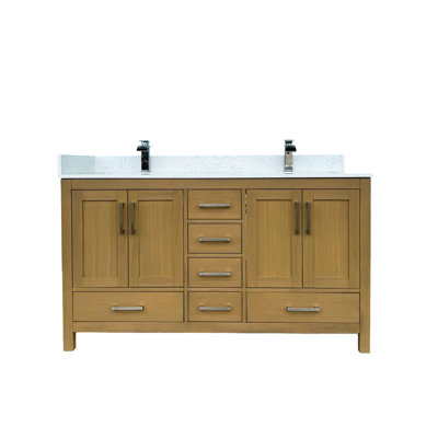 Meuble-lavabo Desert Oak 60 po avec double lavabo, trou pour robinet, 4 portes et 6 armoires, comptoirs, lavabo en céramique résistant aux égratignures, rangement en bois massif et caoutchouc durable.