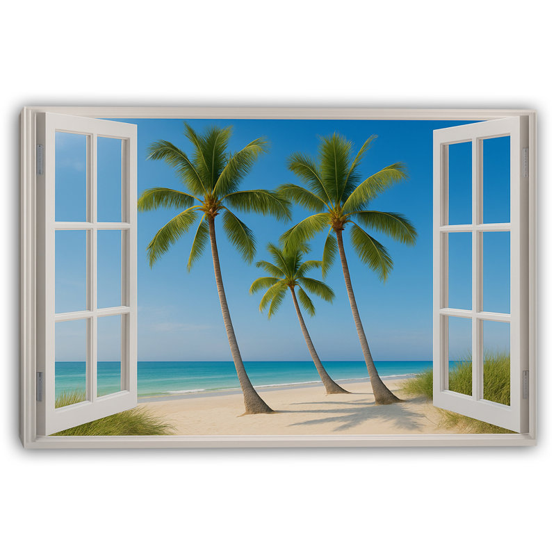 Trio de palmiers sur la plage de sable - série Coastal Window View, H 32 po x l 48 po