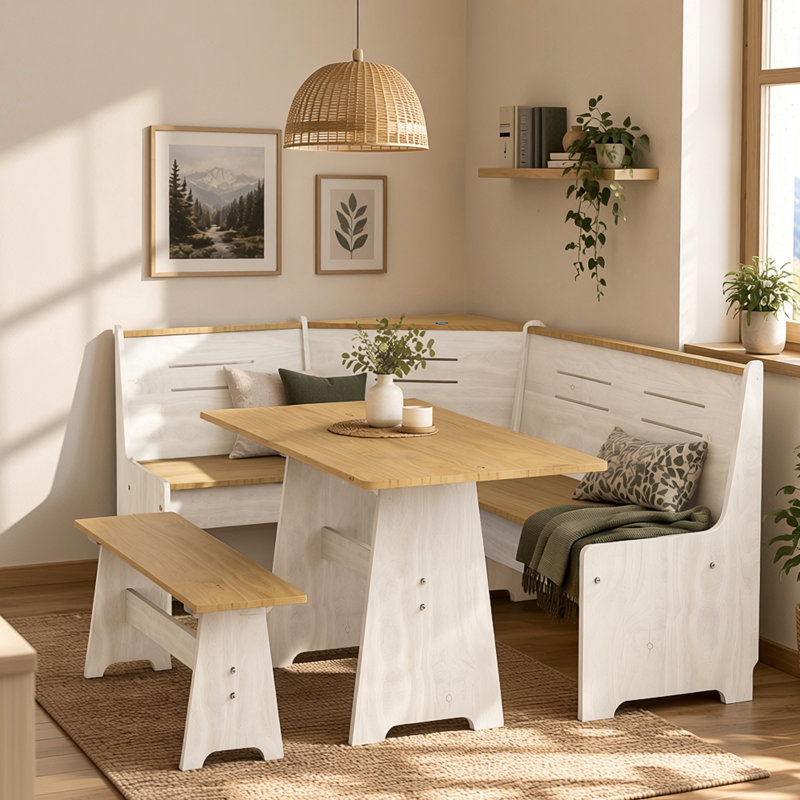 Ensemble de table de salle à manger d'angle peu encombrante avec station de charge USB, tablettes de rangement ouvertes et banc confortable en forme de L pour 3 à 4 personnes