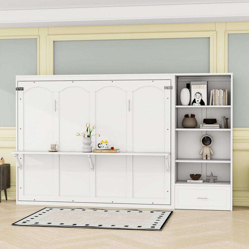Grand lit escamotable avec rangement, tablette et tiroir réglables - Lit escamotable mural compact pour petites pièces, blanc
