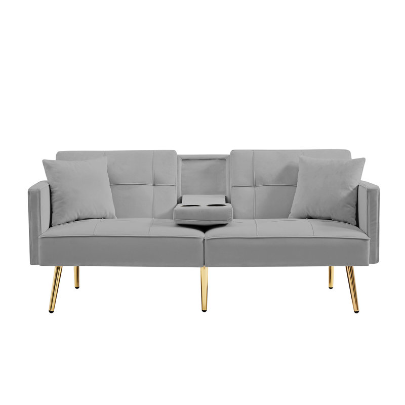 Futon en velours gris avec pieds dorés, 3 positions réglables pour une utilisation multifonctionnelle, 2 accessoires de poches latérales, porte-gobelet pliable, rembourrage en mousse moelleuse, siège à ressort sinueux, lit en métal de style classique