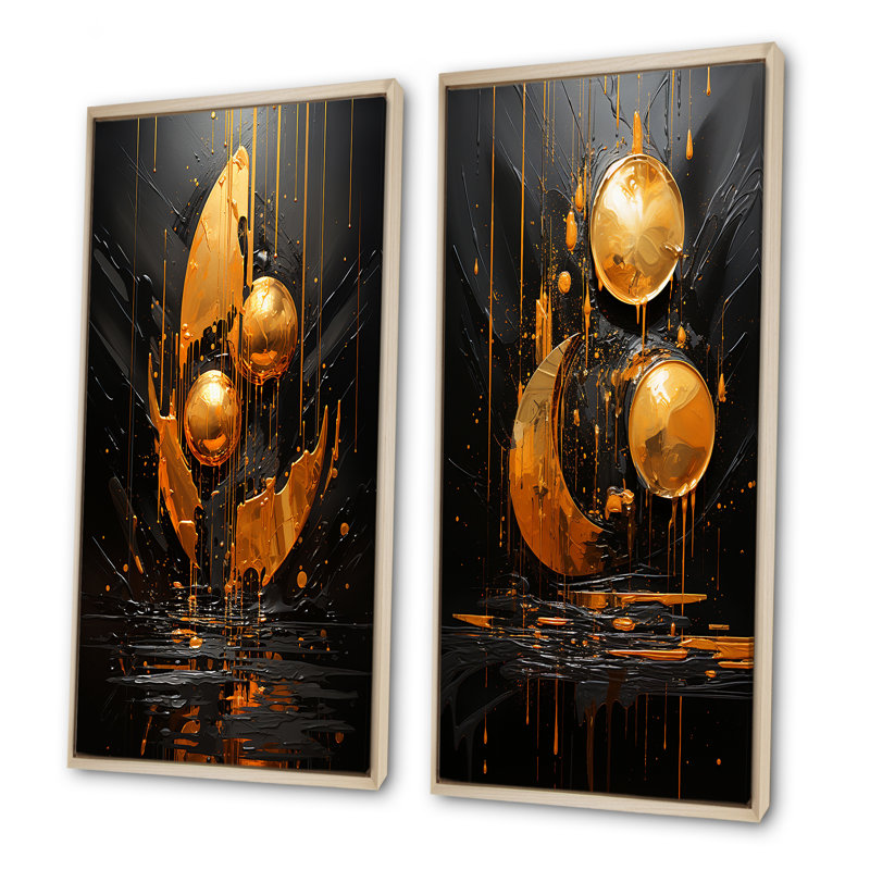 «Black and Gold Spiral Graffiti IV», ensemble de 2 reproductions d'art abstrait, Cadre flottant brun, H 28 po x l 25 po
