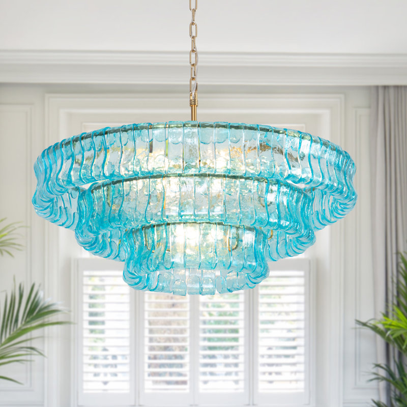 9-Light 32"W Polished Brass Modern Tired Chandelier with Hand-Blown Blue Glass for Dining Room or Living Room, Blue