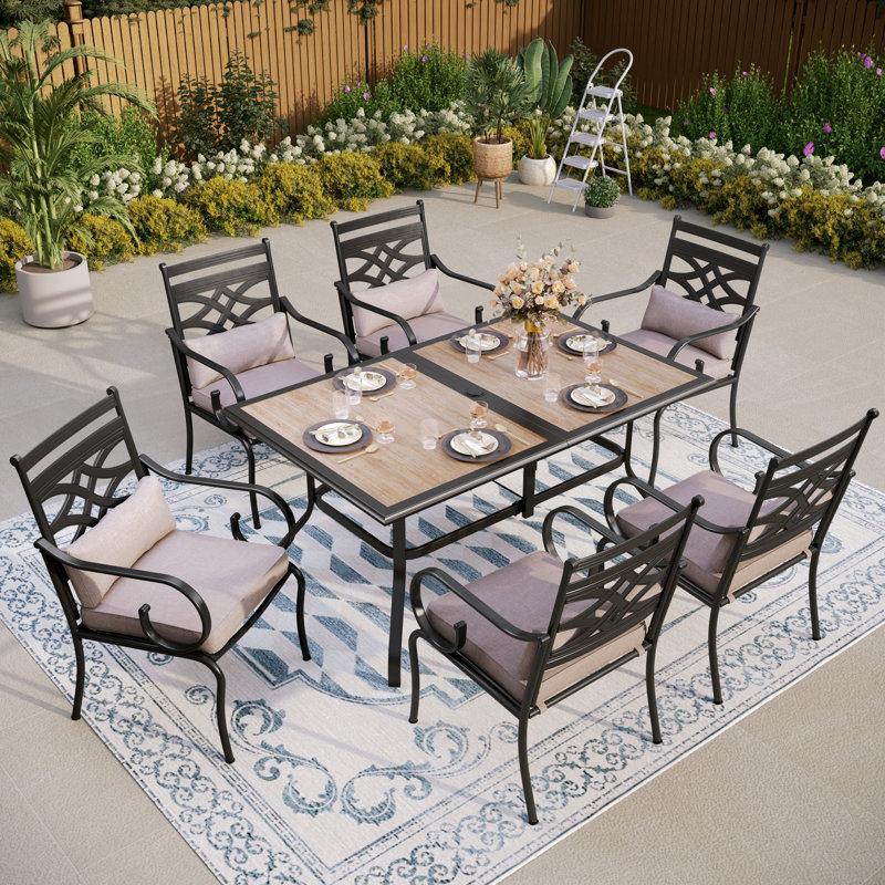 6 - Person Outdoor Dining Set with Wood-like Metal Table, Cushions & Pillows
