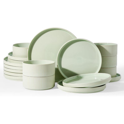 Stoneware Dishes Dinnerware Sets for 6, Ribbed Plates and Bowls 18-Piece Ceramic Dinner Set with Lipped Edges, Chip & Scratch Resistant , Microwave & Dishwasher Safe, Daily Use, Light Green
