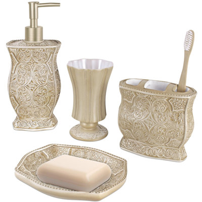 Beige Bathroom Accessories Set - Decorative Bathroom Accessory Set - 4 Piece Bathroom Set Features: Soap Dispenser, Toothbrush Holder, Tumbler, And Soap Dish