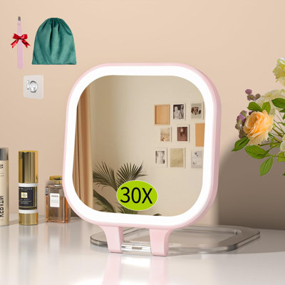 30X Travel Magnifying Mirror With Light, 7" Rechargeable Double Sided Travel Vanity Mirror With Lights, 3 Color Lights & Adjustable Brightness, 300°Rotation, Gift For Women,Pink