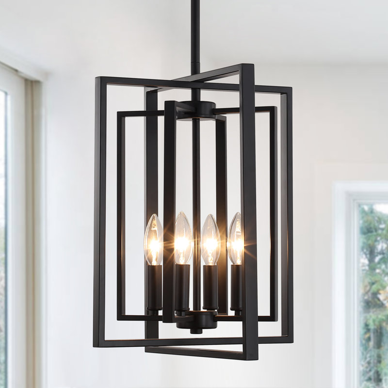 4 - Light Dimmable Industrial Square/Rectangle Lantern Chandelier For Kitchen Island Dining Room Foyer Hallway, Matte Black