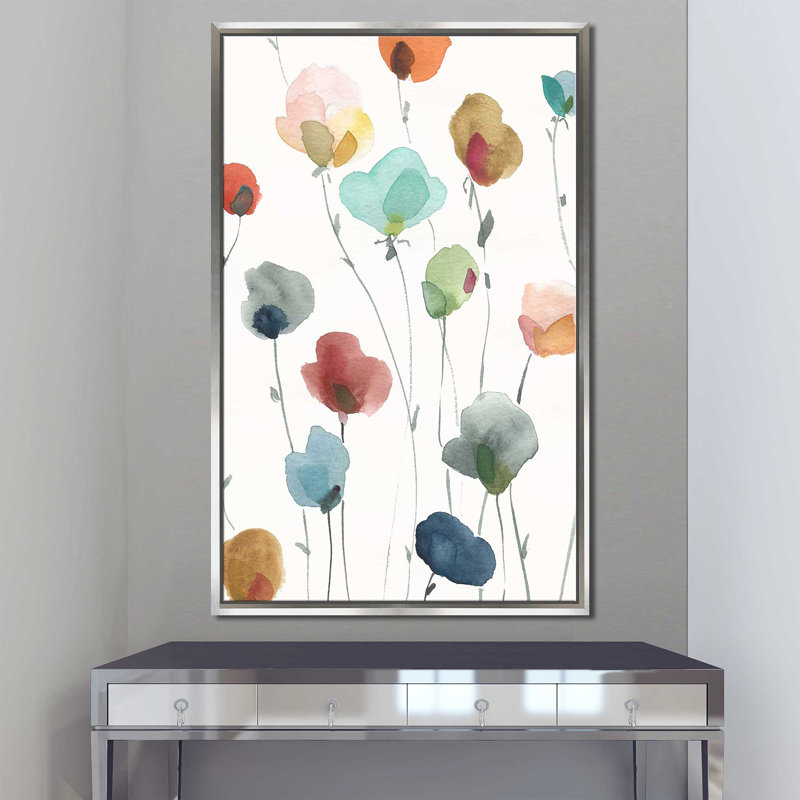 «Lollipop Garden I» par - Peinture, H 33,5 po x l 21,5 po x P 2 po, Cadre flottant argent