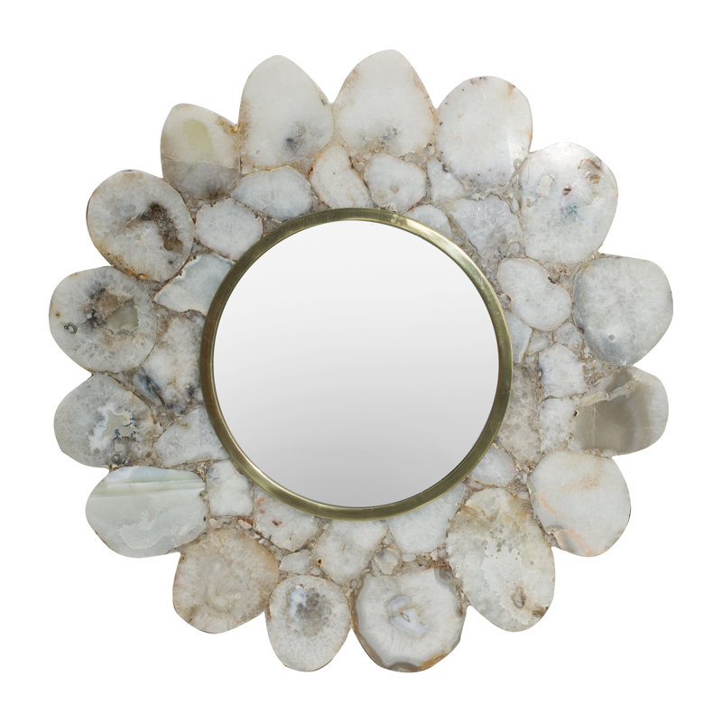 White Agate Flower Shaped Round Wall Mirror with Brass Frame