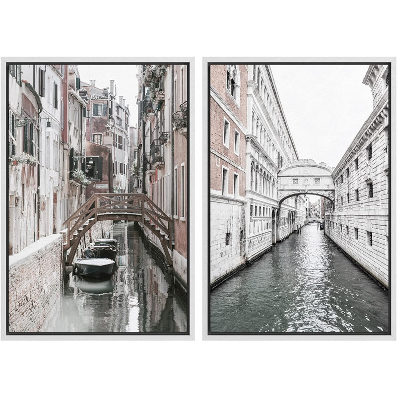 " Retro Duotone Traveling In Venice Italy Grand Canal European Country Photography Modern " 2 - Pieces, White, 24" H x 16" W