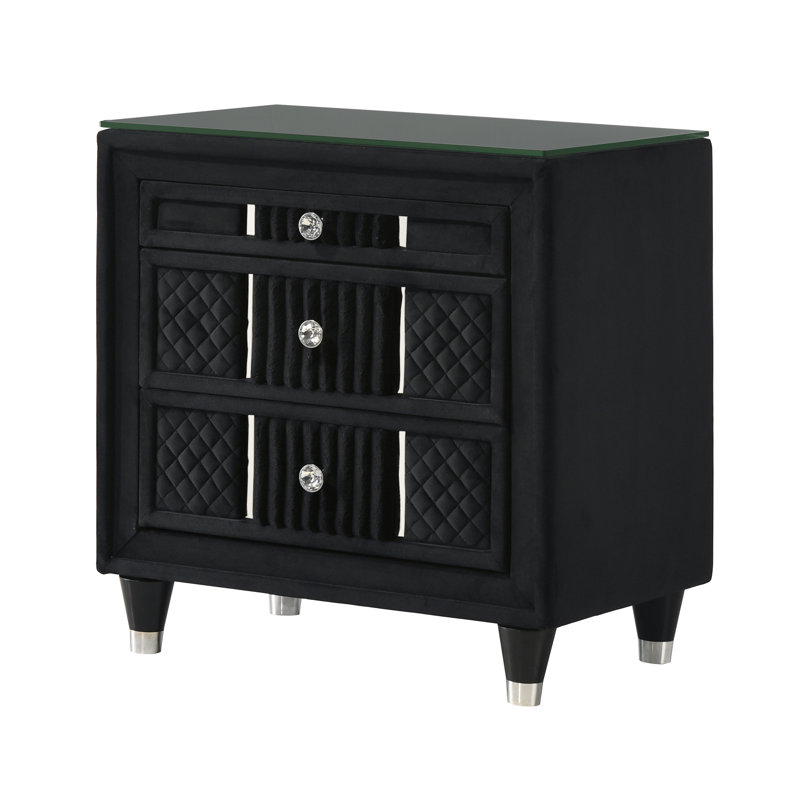 Table de chevet contemporaine en velours noir avec boutons en cristal, revêtement luxueux | Idée de cadeau