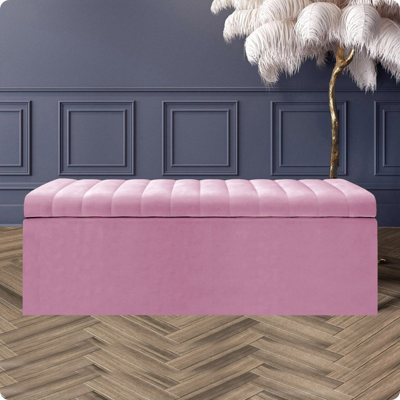 Safar Wide Velvet Rectangle Solid Color Standard Ottoman Box with Storage, Pink Plush Velvet, 150 cm