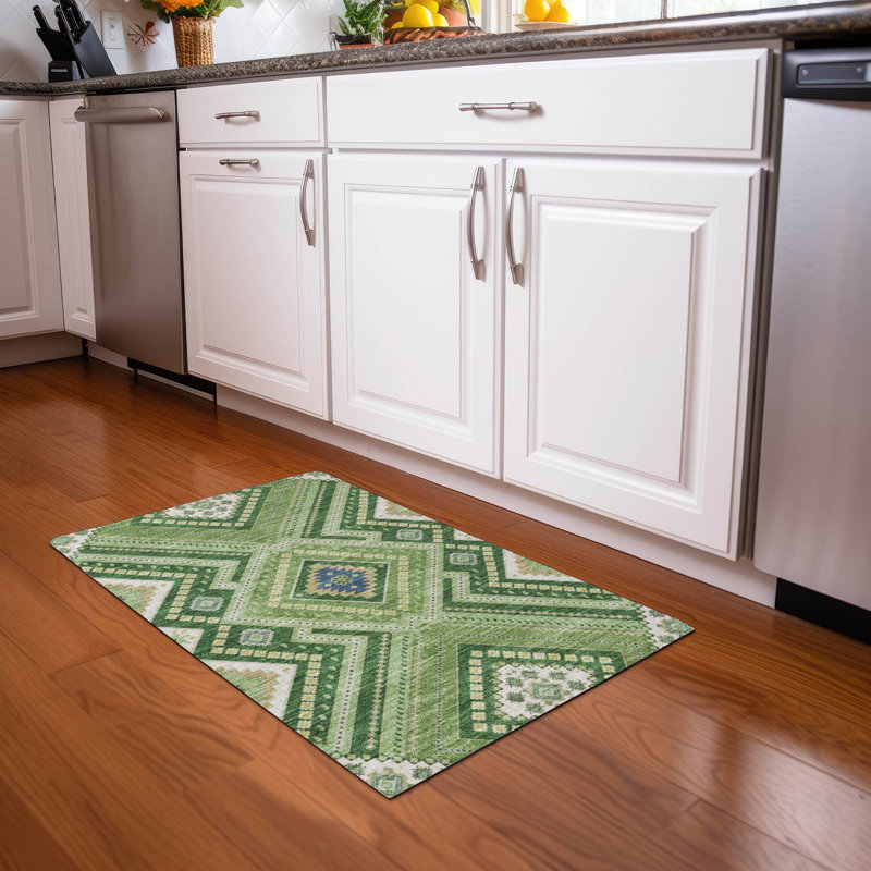 Green Tribal Pattern Machine Washable Indoor/Outdoor Rug