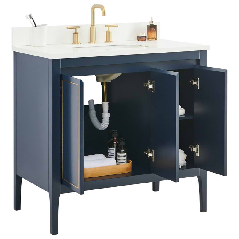 Meuble-lavabo simple autoportant de 36 po avec plateau en quartz blanc pur et vasque en céramique Ackerson, Navy