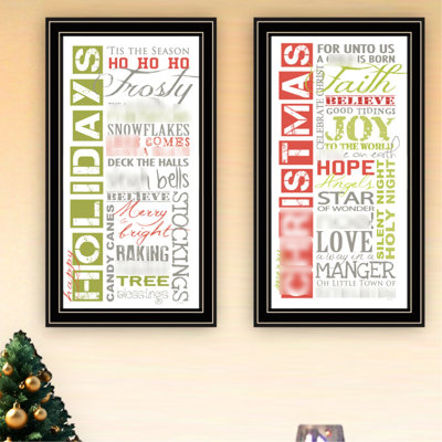 Art mural fait à la main 2 pour la maison - Joyeuses Fêtes. Reproduction encadrée noire, bois multicolore + papier, 20 po x 11 po x 1 po, 5 livres près de vos murs avec impression des Fêtes. Décoration de salon et de chambre à coucher